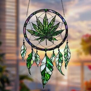 Stained Glass Dreamcatcher with Green Leaf Design